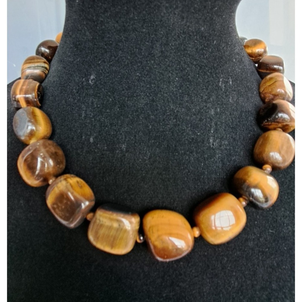 Fashion Jewelry Gemstone Tiger's Eye Beaded Necklace Sterling Silver Clasp